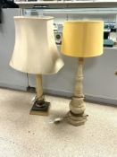 TWO PAINTED WOODEN TABLE LAMPS AND SHADES, THE TALLEST 60CMS