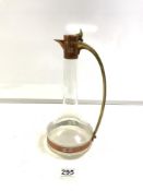 RARE WMF COPPER AND BRASS MOUNTED GLASS CLARET JUG, 30CMS