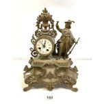 19TH CENTURY FRENCH GILT SPELTER FIGURE MANTLE CLOCK WITH ENAMEL DIAL (A/F), 30 X 40CMS