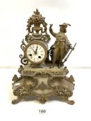 19TH CENTURY FRENCH GILT SPELTER FIGURE MANTLE CLOCK WITH ENAMEL DIAL (A/F), 30 X 40CMS