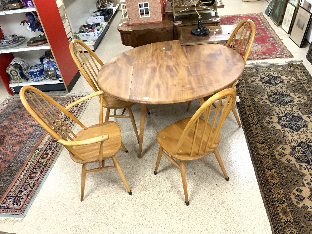 CIRCULAR ERCOL DROPLEAF DINING TABLE WITH FOUR ERCOL STICK-BACK DINING CHAIRS (120 DIAMETER)