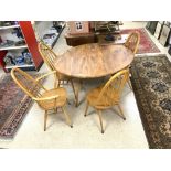 CIRCULAR ERCOL DROPLEAF DINING TABLE WITH FOUR ERCOL STICK-BACK DINING CHAIRS (120 DIAMETER)