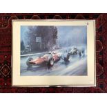 JOHN SERTEES SIGNED PRINT - FERRARI GRAND PRIX SPA 1966 BELGIUM, SIGNED BY ARTIST DION PEARS, 60 X