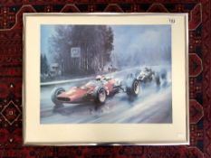 JOHN SERTEES SIGNED PRINT - FERRARI GRAND PRIX SPA 1966 BELGIUM, SIGNED BY ARTIST DION PEARS, 60 X