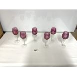 SET OF SIX ETCHED CRANBERRY AND CLEAR GLASS WINE GLASSES