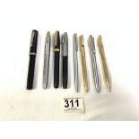 FOUR SHEAFFER FOUNTAIN PENS WITH NIBS (1-14K), THREE SHEAFFER BALLPOINT PENS, AND ONE PENCIL