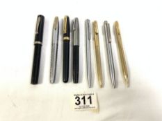 FOUR SHEAFFER FOUNTAIN PENS WITH NIBS (1-14K), THREE SHEAFFER BALLPOINT PENS, AND ONE PENCIL