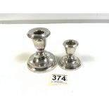 TWO HALLMARKED SILVER CIRCULAR SQUAT CANDLESTICKS, THE LARGEST 9CMS