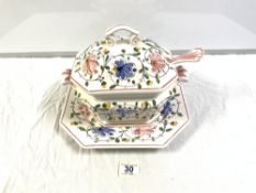 FLORAL DECORATED ANFORER PORTUGAL CERAMIC TUREEN AND COVER, PLUS BASE & LADLE