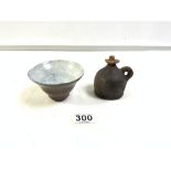 SMALL ANTIQUE POSSIBLY ROMAN TERRACOTTA JUG, AND SMALL GLAZED CRACKLE BOWL