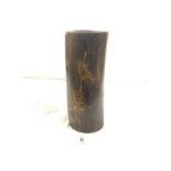 ANTIQUE ORIENTAL BAMBOO BRUSH POT WITH LACQUER BIRD ON FLOWER DECORATION, 26CMS