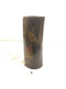 ANTIQUE ORIENTAL BAMBOO BRUSH POT WITH LACQUER BIRD ON FLOWER DECORATION, 26CMS