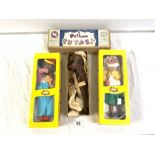 THREE PELHAM PUPPETS IN BOXES - MINSTREL, GEPPETTO, AND SIMPLE DANCING PUPPET - BIG BAD WOLF