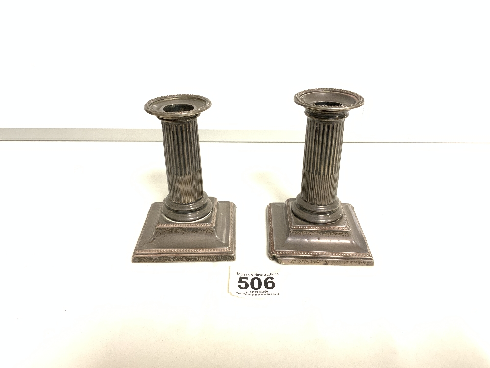 HALLMARKED SILVER SQUAT COLUMN SHAPED CANDLESTICKS A/F BY HAWSWORTH EYRE AND CO 12 CM - Image 3 of 7