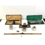 TWO CASED SETS OF FISH SERVERS, A VICTORIAN DOUBLE INK STAND, THREE GLASS INKWELLS,