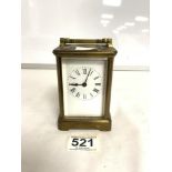 BRASS CARRIAGE CLOCK WITH WHITE ENAMEL DIAL - R AND CO PARIS WORKING ORDER WITH KEY 12CM