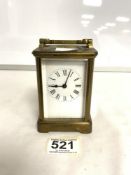 BRASS CARRIAGE CLOCK WITH WHITE ENAMEL DIAL - R AND CO PARIS WORKING ORDER WITH KEY 12CM