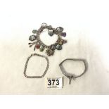 800 SILVER AZTEC DESIGN BRACELET AND A SILVER AND ENAMEL CHARM BRACELET, 61 GRAMS