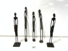 FIVE AFRICAN CARVED WOODEN TRIBAL FIGURES, 30 CMS,