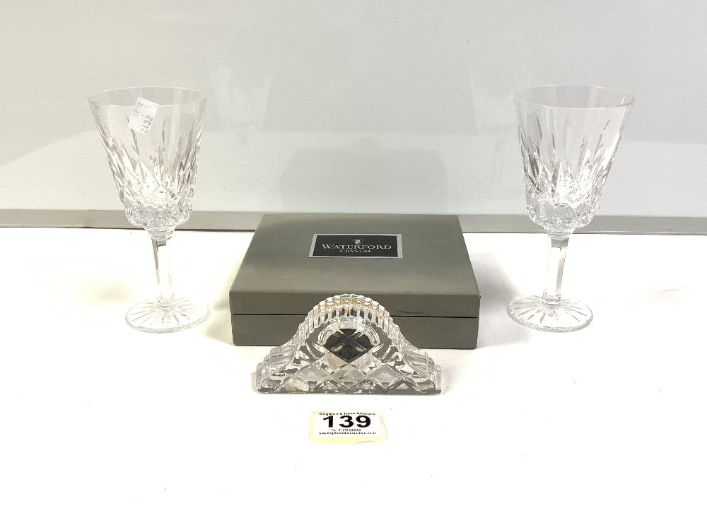 A WATERFORD CRYSTAL GLASS MINIATURE CLOCK IN A BOX AND TWO TYRONE CRYSTAL GLASS WINE GLASSES - Image 8 of 8