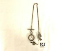 933 SILVER FOB WATCH WITH ALBERT CHAIN AND KEY CURRENTLY WORKING