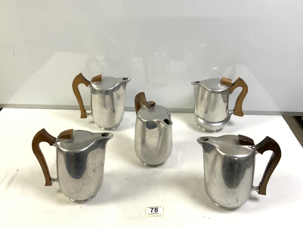 FIVE VINTAGE PICQUOT WARE HOT WATER JUGS