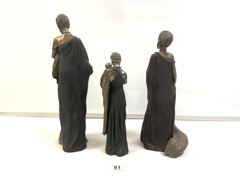 THREE RESIN BRONZED FINISH FIGURES OF A MAASAI WOMAN WITH GOATS AND A BABY 38CM TALLEST - Image 3 of 7