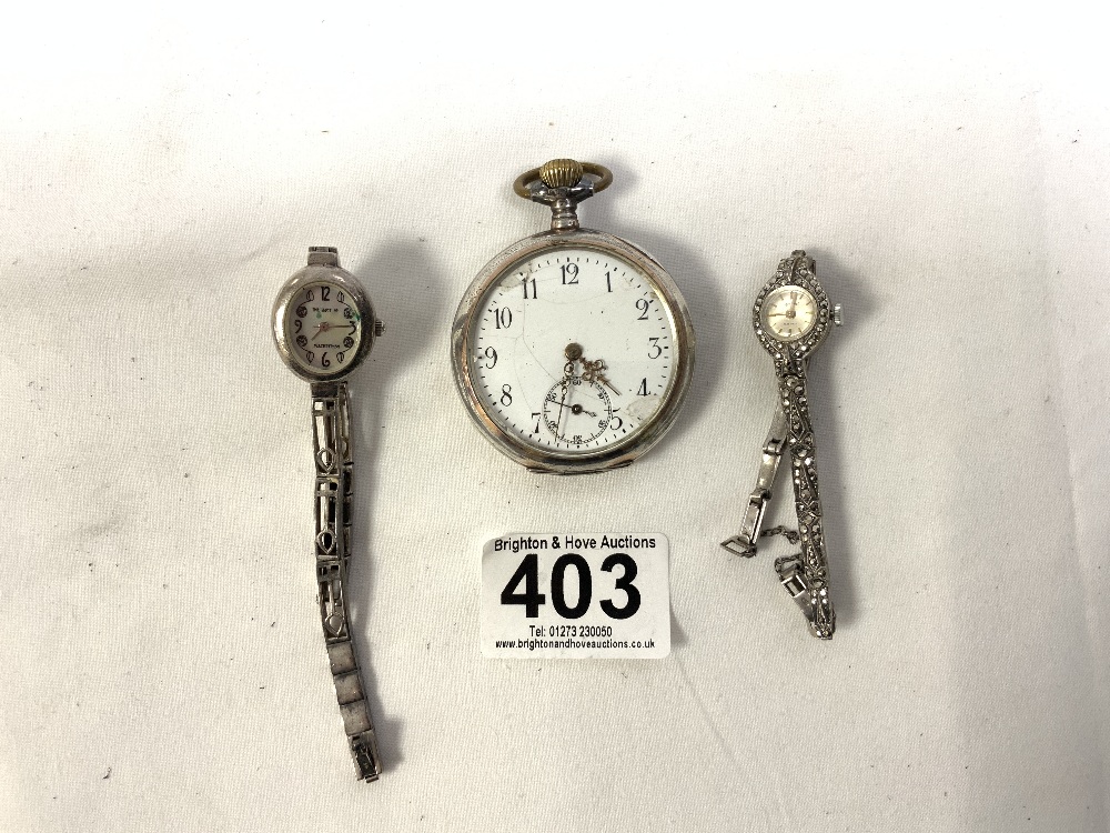 800 SILVER ENGINE TURNED POCKET WATCH AND TWO 925 SILVER LADIES COCKTAIL WATCHES