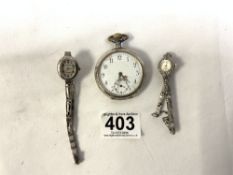 800 SILVER ENGINE TURNED POCKET WATCH AND TWO 925 SILVER LADIES COCKTAIL WATCHES