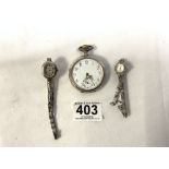 800 SILVER ENGINE TURNED POCKET WATCH AND TWO 925 SILVER LADIES COCKTAIL WATCHES