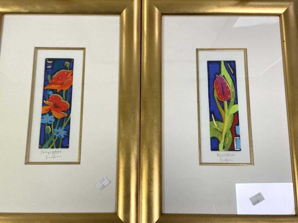 SIMON BULL - PAIR OF MONOTYPE ETCHINGS OF FLOWERS FRAMED LTD EDITIONS 10 X 24 CM ALSO LTD EDITION - Image 2 of 9