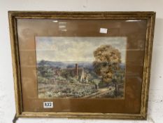 19TH CENTURY WATERCOLOUR OF A LADY GATHERING FIRE WOOD IN A COUNTRYSIDE VIEW 54 X 43 CM FRAMED AND