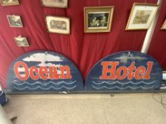 TWO VINTAGE PAINTED METAL SIGNS FOR OCEAN HOTEL. 78X146.