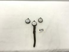 EARLY SILVER WRIST WATCH, LADIES ENGRAVED 800 SILVER FOB WATCH, AND A METAL FOB WATCH.