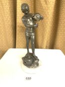 CAST FIGURE POURINIG WATER ON A MARBLE BASE MARKED DEPOSITATO 38CM