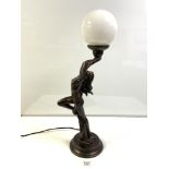 ART DECO STYLE- BRONZE EFFECT DANCING LADY TABLE LAMP, WITH GLASS GLOBE SHADE 64 CM SIGNED CROSA