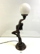 ART DECO STYLE- BRONZE EFFECT DANCING LADY TABLE LAMP, WITH GLASS GLOBE SHADE 64 CM SIGNED CROSA