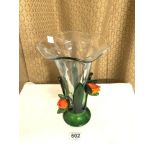 MURANO STYLE TRUMPET SHAPED VASE DECORATED WITH FLOWERS AND LEAVES 29CM
