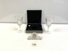 A WATERFORD CRYSTAL GLASS MINIATURE CLOCK IN A BOX AND TWO TYRONE CRYSTAL GLASS WINE GLASSES