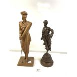 A VICTORIAN CLASSICAL SPELTER FIGURE LA FORTUNE 36CM WITH A ART DECO STYLE PAINTED FIGURE OF A