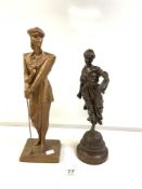 A VICTORIAN CLASSICAL SPELTER FIGURE LA FORTUNE 36CM WITH A ART DECO STYLE PAINTED FIGURE OF A