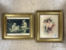 A PAINTING ON SILK - YVONNE AND YVETTE, SIGNED, IN A GILT FRAME. 22X28, AND A PRINT MOONLIGHT