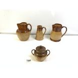 ROYAL DOULTON HARVESTWARE LIDDED SUCRIER WITH TWO LAMBETH DOULTON HARVESTWARE JUGS AND ONE SIMILAR