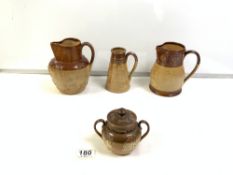 ROYAL DOULTON HARVESTWARE LIDDED SUCRIER WITH TWO LAMBETH DOULTON HARVESTWARE JUGS AND ONE SIMILAR