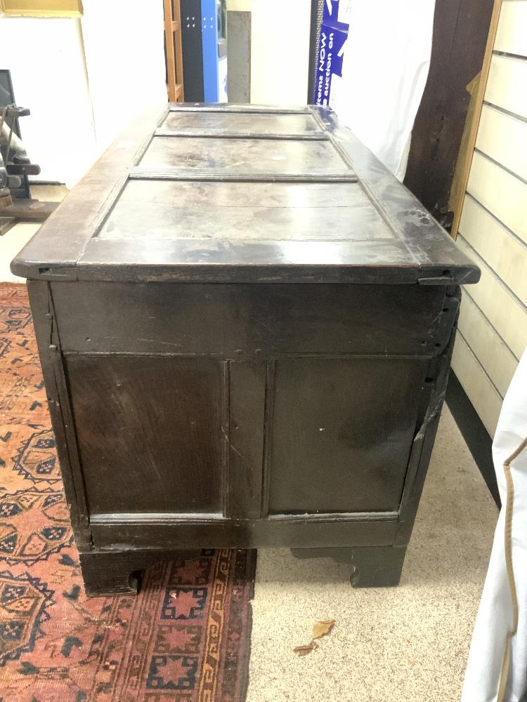 ANTIQUE PANELLED OAK COFFER, WITH LATER CARVING TO FRONT, 126X56X50 CMS. - Image 5 of 5