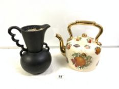 A RAINBOW POTTERY BLACK GLAZED JUG AND A STAFFORDSHIRE FRUIT DECORATED TEA POT