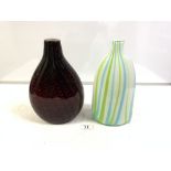 TWO 20TH-CENTURY ART GLASS VASES - ONE IS RED AND BLACK (30CMS), AND THE OTHER IS BLUE, GREEN, AND