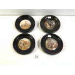 FOUR VICTORIAN PRATT WARE POT LIDS IN EBONISED FRAMES LANDING THE CATCH, FIRST APPEAL, THE RIVALS