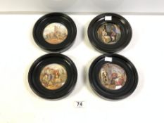 FOUR VICTORIAN PRATT WARE POT LIDS IN EBONISED FRAMES LANDING THE CATCH, FIRST APPEAL, THE RIVALS