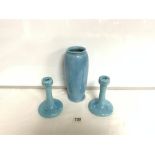 THREE RUSKIN CERAMICS LUSTRE GLAZED VASE 27CM WITH PAIR OF CANDLESTICKS ONE A/F 17CM